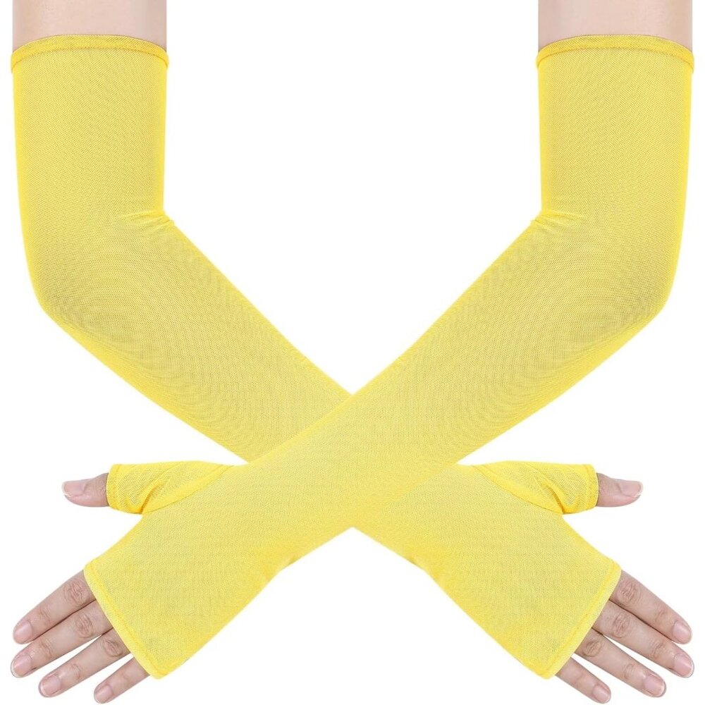 Women's Long Yellow Tulle Sheer Satin Gloves Elbow Length Wedding Party Costume